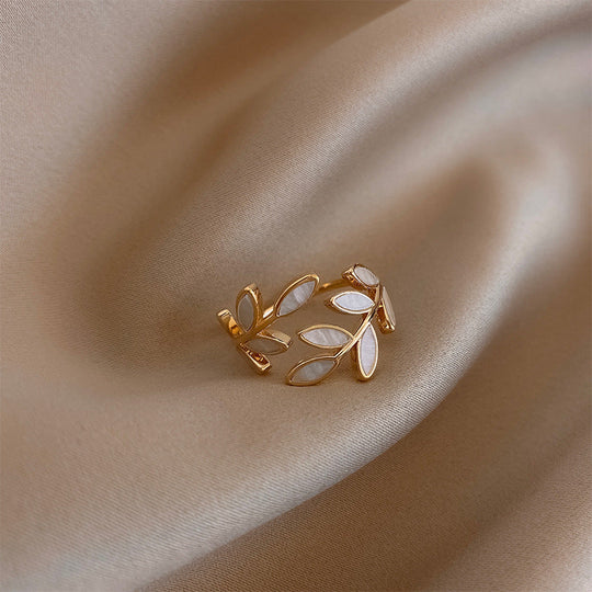 White Opal Leaf Adjustable Ring in Gold