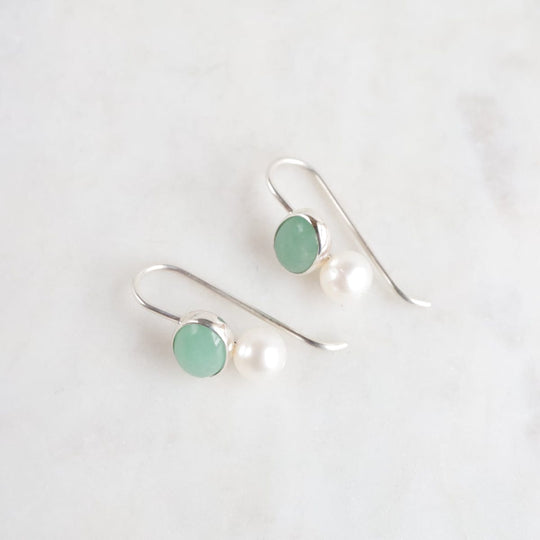 Oval Aventurine Cabochon & White Pearl Earrings