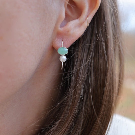 Oval Aventurine Cabochon & White Pearl Earrings