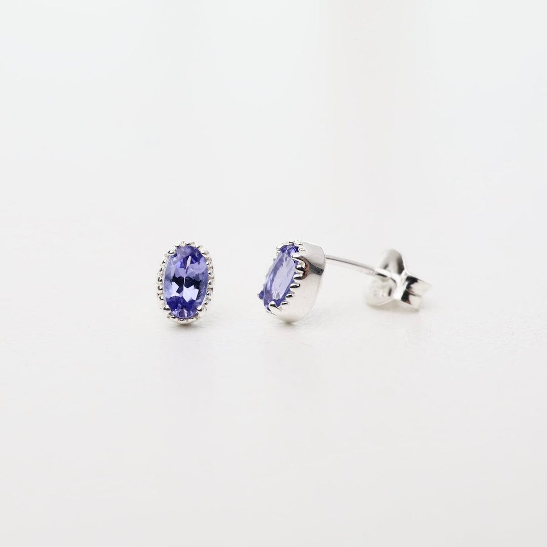 Sterling Silver Oval Tanzanite with Milgrain Edge Stud Earrings