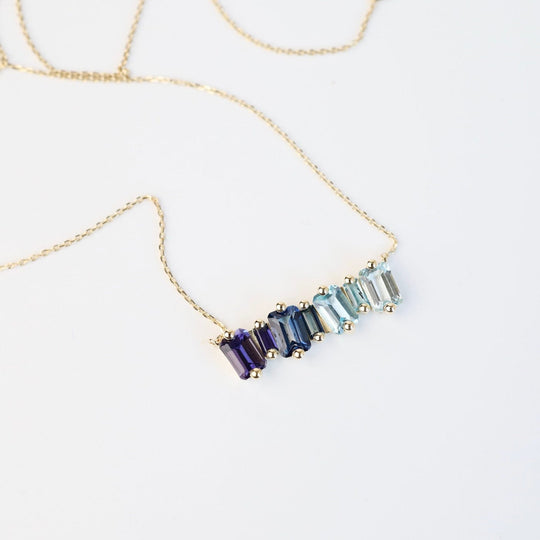 Yellow Gold Ombre BlueTopaz Bar Necklace