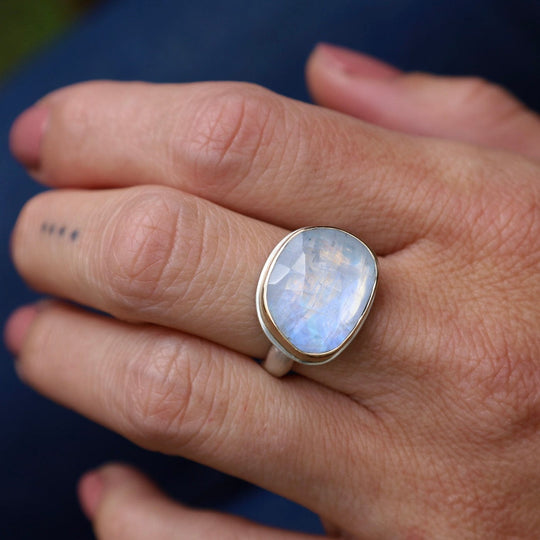 Jamie Joseph Asymmetrical Rose Cut White Rainbow Moonstone Ring